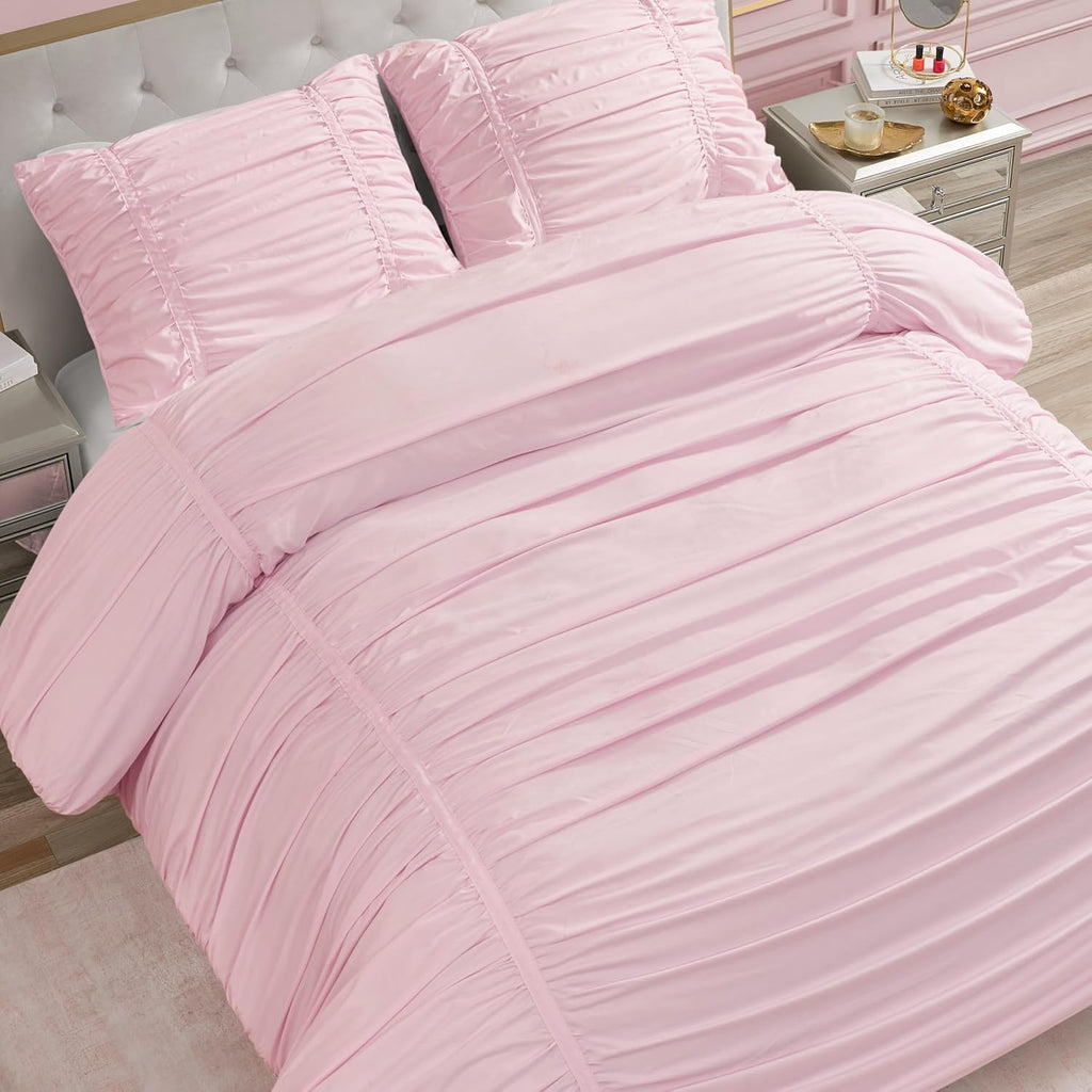 Juicy Couture Ribbon Ruched 3 Piece King Comforter Set, Pink Marshmellow Bedding Ensemble