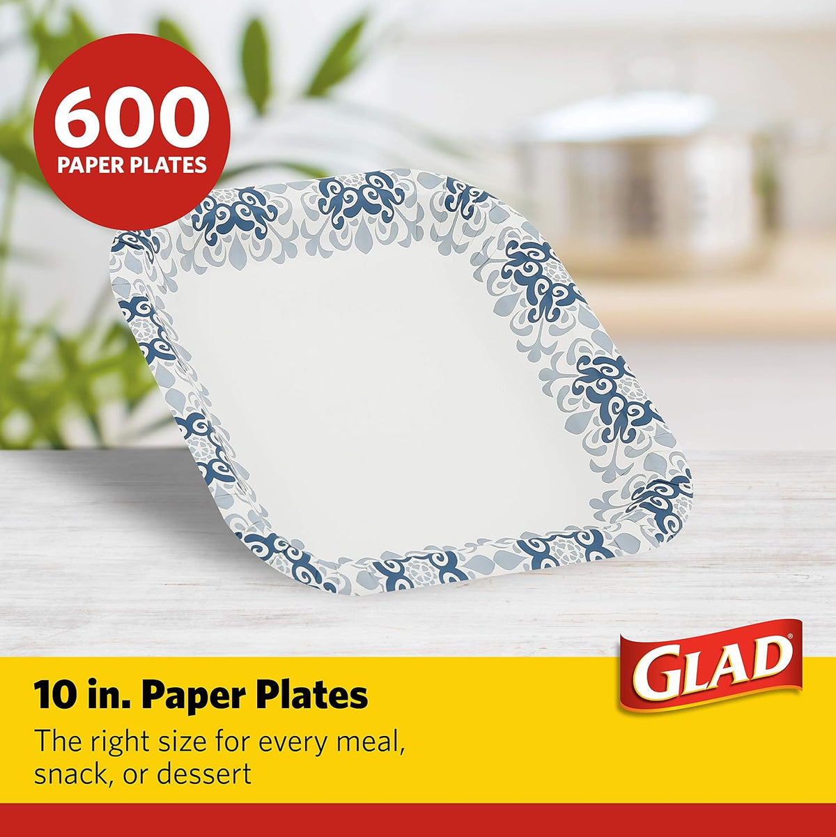 Glad Square Heavy Duty Paper Plates, Soak Proof and Cut Proof Disposable Plates for Parties and Everyday Meals, Microwaveable for Easy Serving, Blue Victorian Pattern, 10 Inch, 50 Count - 12 Pack