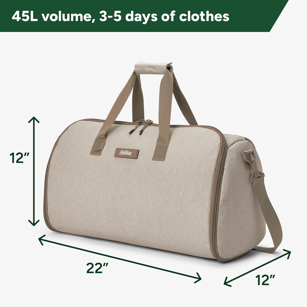 Halfday Convertible 2-in-1 Garment Duffel Weekender Bag 45L: Wrinkle-Free Travel (Hanging Suit Compartment, Shoe Pockets, Trolley Sleeve), Durable & Water-Resistant Carry-on, Stone