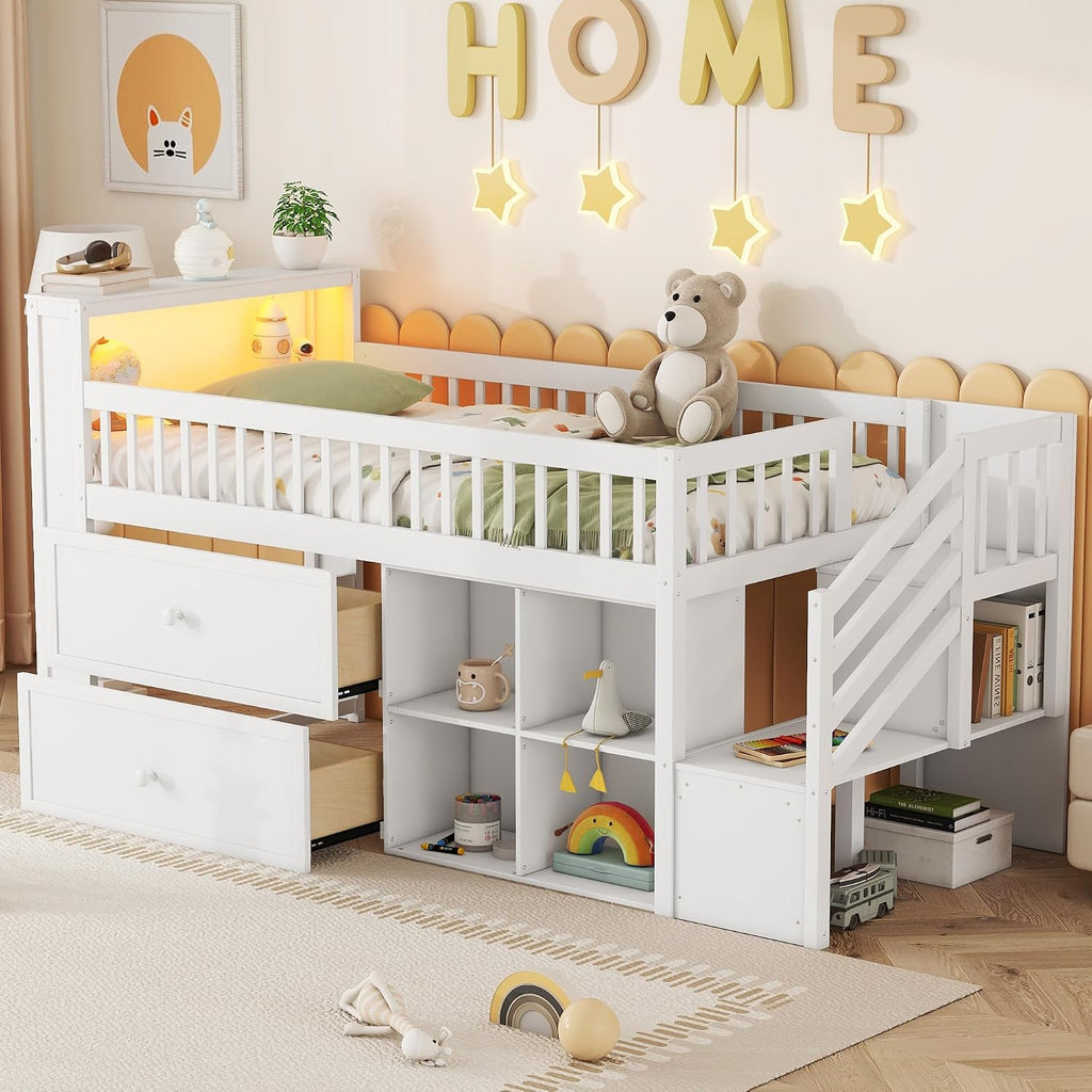 Low Loft Bed with LED Lights and Bookshelf, Wooden Kids Loft Bed with Stairs and Safety Guardrail, Low Loft Bed Twin with 2 Storage Drawers and Shelves for Girls Boys ,No Box Spring Needed, White