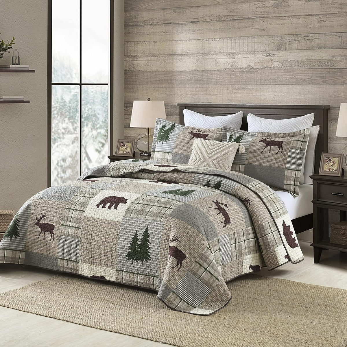 PERHOM Quilt King Size - 100% Cotton Lightweight Cabin Plaid King Quilt Bedding Set, Forest Tree Brown Bear Deer Patchwork Reversible Bedspread/Coverlet/Comforter Set with 2 Shams, 3PCS