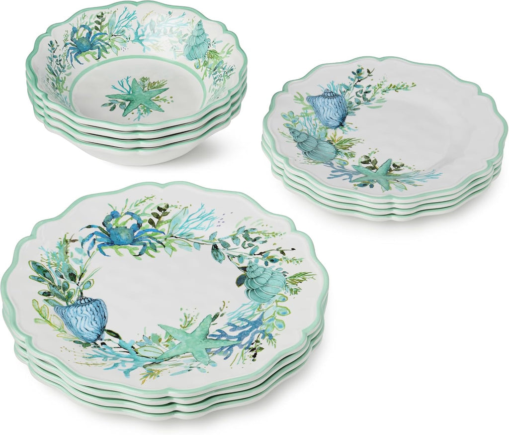 Sea Glass 12 Pc. MELAMINE DINNERWARE SET, SERVICEfor 4, coastal mix‑and‑match plates and bowls with ocean motifs, ideal for indoor outdoor dining, beach homes, patios, poolside meals