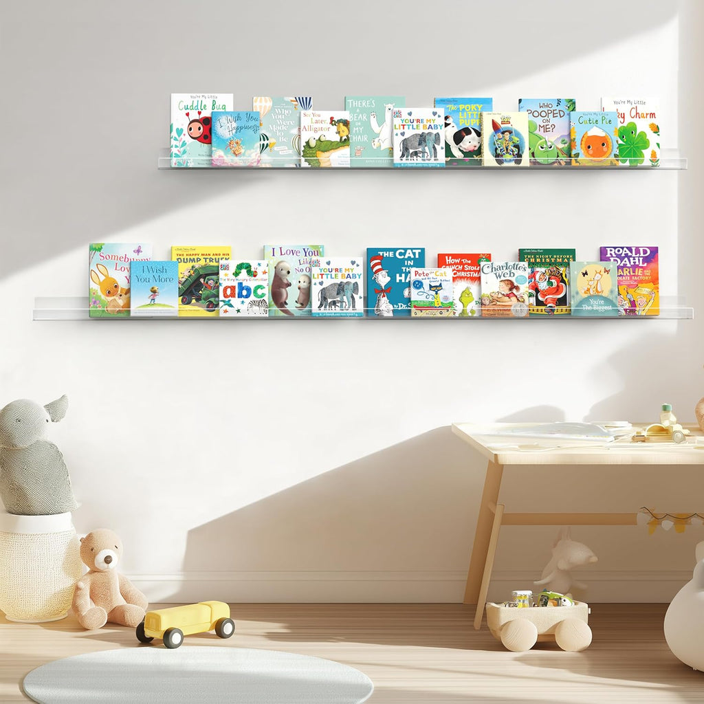 HBlife 48 Inches Invisible Wall Floating Bookshelf for Kids and Nursery, Clear Acrylic Shelves for Figures, 16 Inch Stud Spacing Long Large Picture Ledge Shelf for Photo Frames, 4 Pack (5MM Thick)