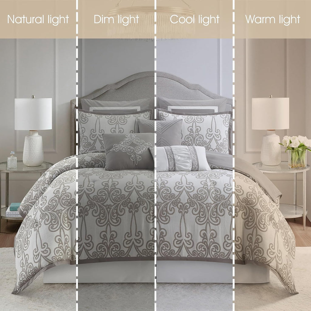 Stratford Park Smoke Grey Comforter Set King Size, 9 Piece Jacquard Floral Bedding Set, All Season, Ultra-Soft, Matching Pillows & Shams, Bed Skirt
