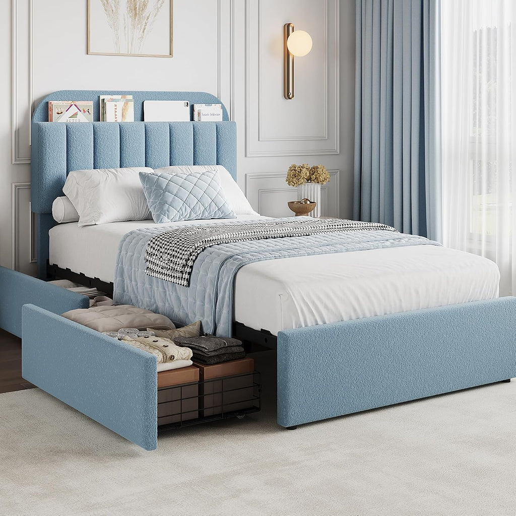 GarveeHome Twin Bed Frame with Storage Headboard, Kids Bed Frame with 2 Drawers, Boucle Upholstered Platform Bed with Bookcase, No Box Spring Needed, Easy Assembly, Blue