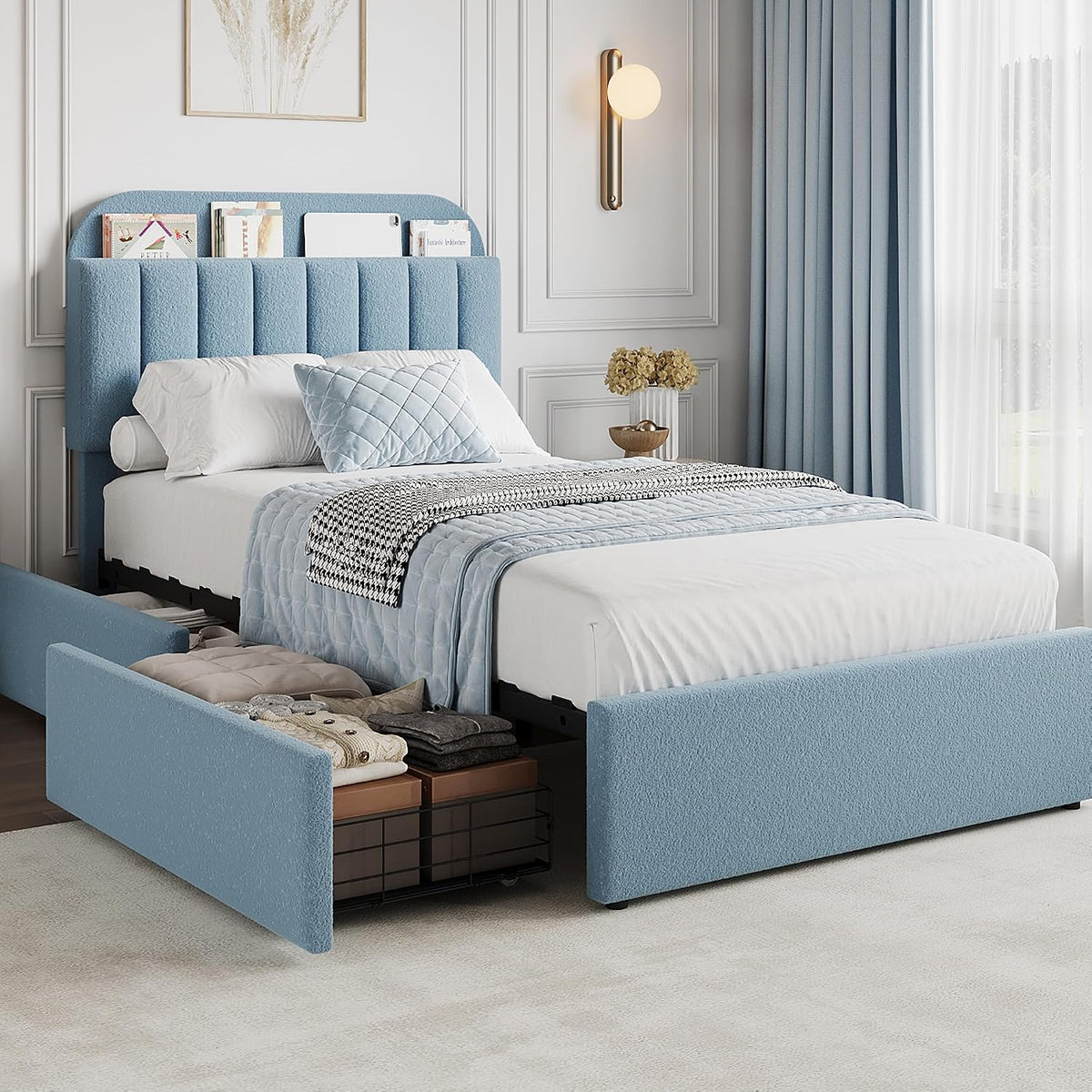 GarveeHome Twin Bed Frame with Storage Headboard, Kids Bed Frame with 2 Drawers, Boucle Upholstered Platform Bed with Bookcase, No Box Spring Needed, Easy Assembly, Blue