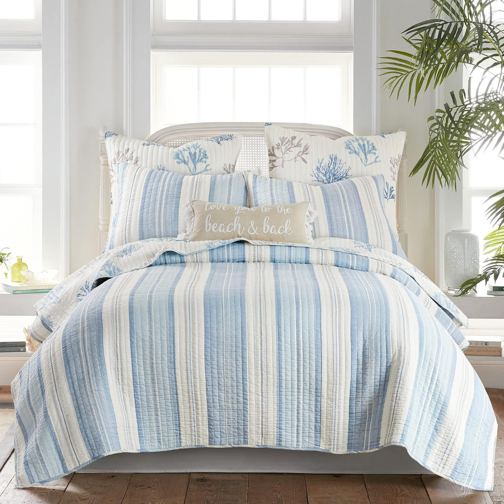 Levtex Home - Ipanema Quilt Set - Full/Queen Quilt + Two Standard Pillow Shams - Coastal - Blue, Taupe and Cream - Quilt Size (88x92in.) and Pillow Sham Size (26x20in.) - Reversible - Cotton Fabric