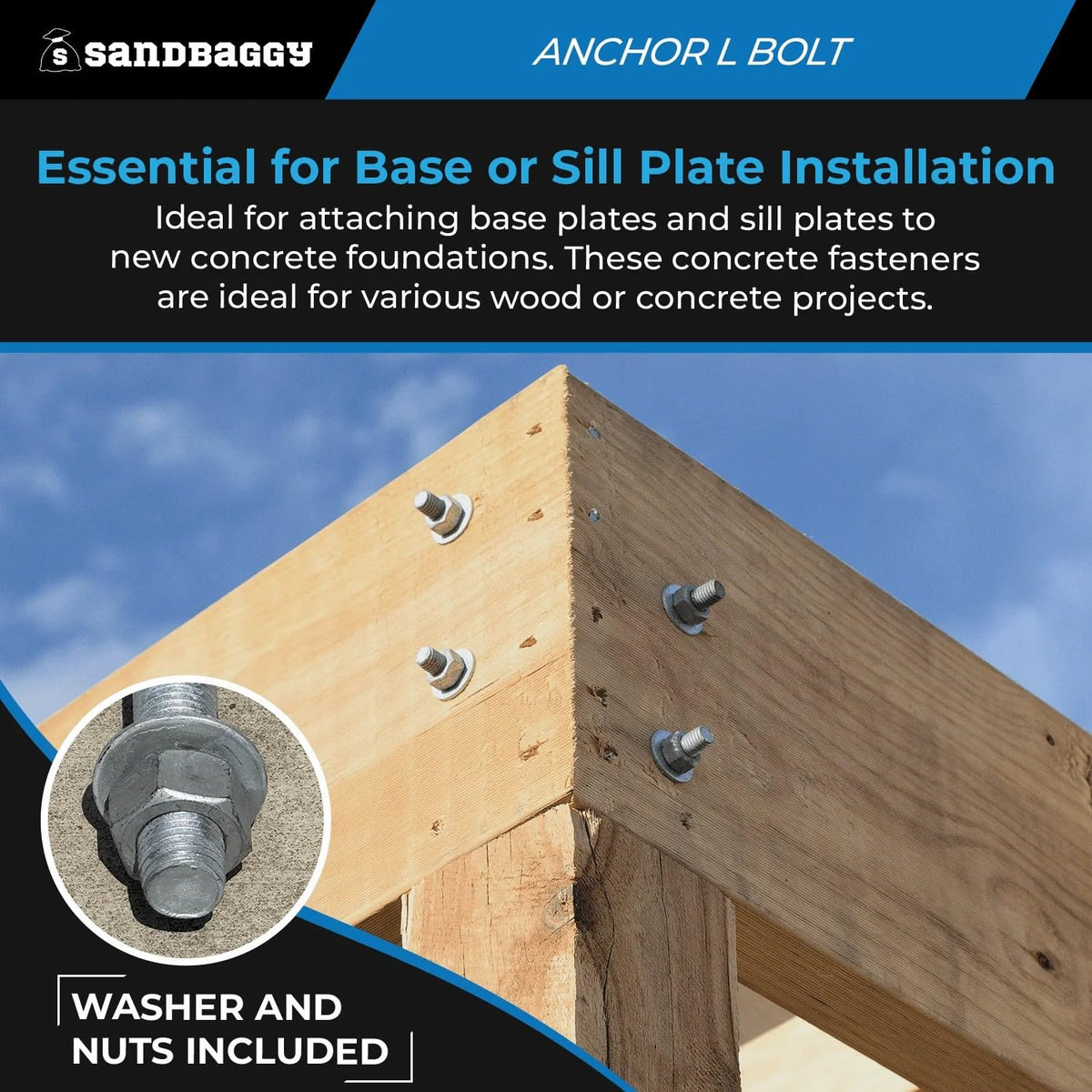 Sandbaggy 1/2' X 10' Threaded Concrete Anchor L-Bolts (Nuts & Washers Included) - Hot Dipped Galvanized - Sill Plate, Base Plate, Masonry, Wood, Cement Anchors, J Bolt (50, 1/2' x 10')