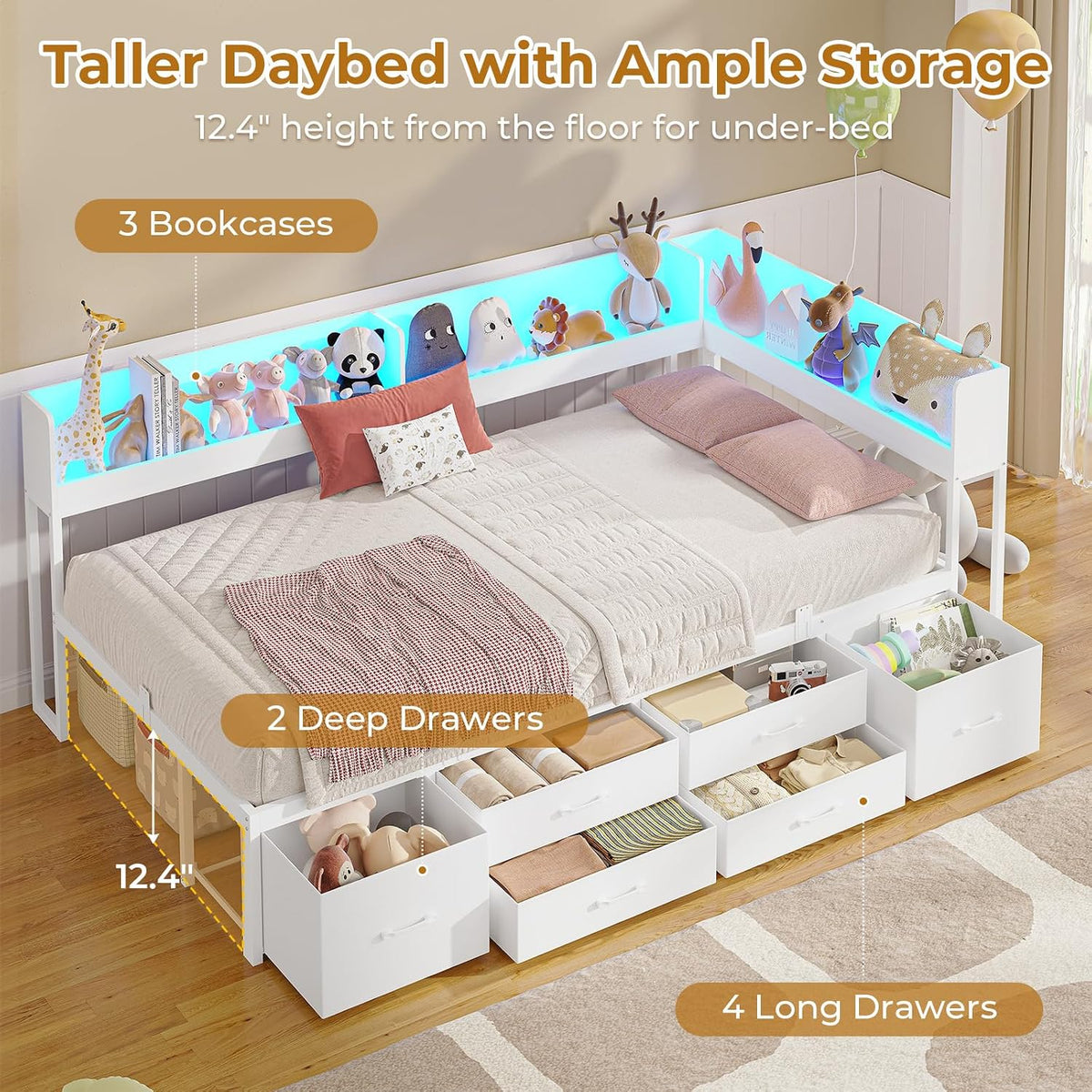 MSmask 14 Inch Corner Bed Frame with Bookcase Storage, Twin Daybed with 6 Drawers, Charging Station and LED Light, Twin Size Metal Platform Bed Frame, No Box Spring Needed, White