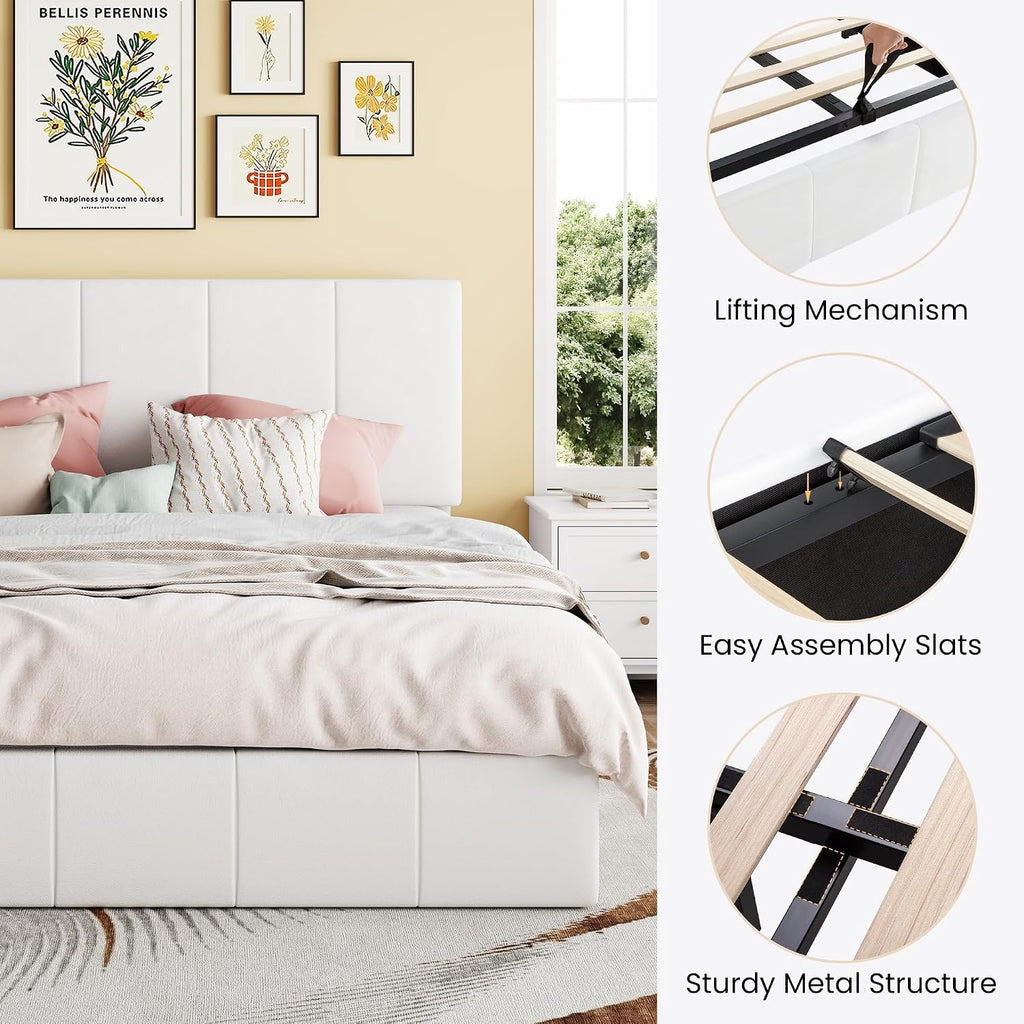 SHA CERLIN Full Size Lift Up Storage Bed Frame, Adjustable Headboard, Hydraulic Support, Velvet Upholstered, Easy Installation, No Box Spring Needed, White