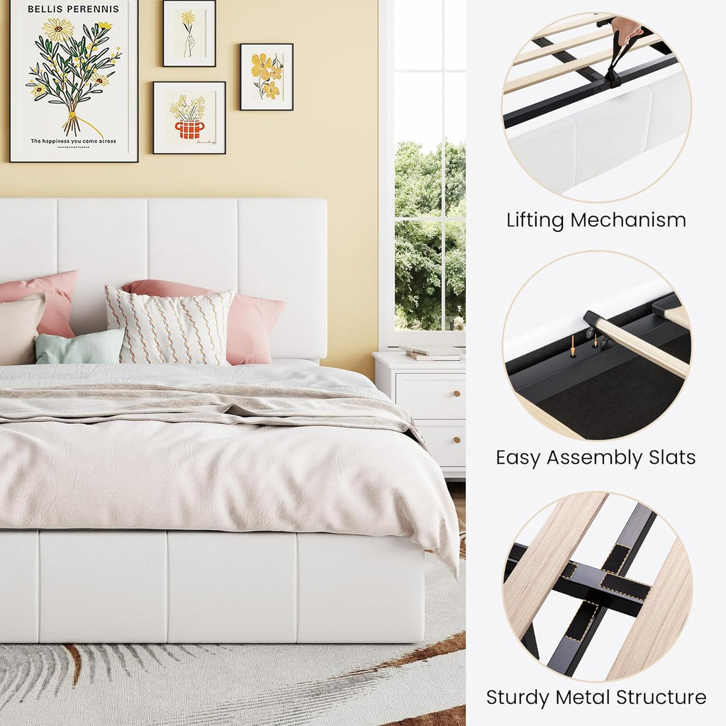 SHA CERLIN King Size Lift Up Storage Bed Frame, Adjustable Headboard, Hydraulic Support, Velvet Upholstered, Easy Installation, No Box Spring Needed, White