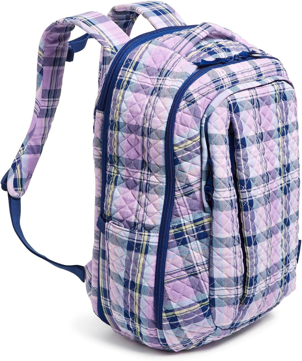 Vera Bradley Women's Cotton Large Travel Backpack Travel Bag, Amethyst Plaid - Recycled Cotton, One Size