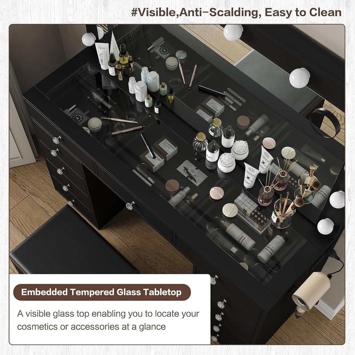 Yanosaku Vanity Desk & Power Outl, Makeup Table with Mirror and 12 LED Lights, Makeup Table with 11 Drawers, 3 Lighting Modes Brightness Adjustable(Black)