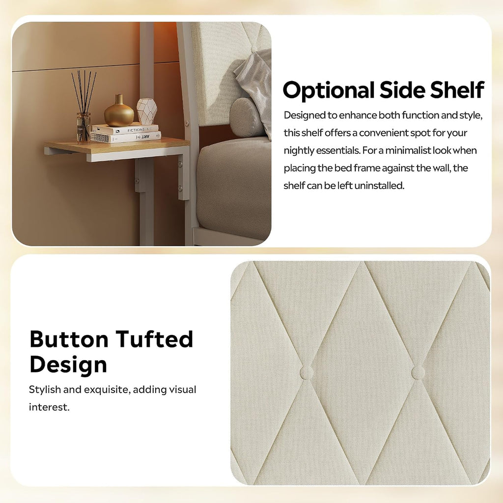 WLIVE Queen Bed Frame with Headboard, Upholstered Bed Frame with 2 Storage Shelves, Platform Bed with LED Lights and Charging Station, 1500LBS Mattress Foundation, No Box Spring Needed, Beige