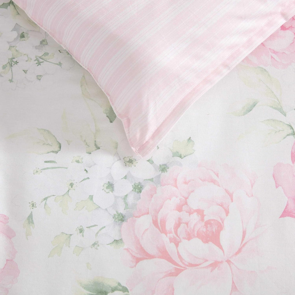 Laura Ashley - King Bonus Comforter Set, Reversible Bedding with a Naturally Soft Feel, 7 Piece Bed Set with Matching Pillowcases, Euro Shams, & Throw Pillow Covers (Serenity Roses/Mattie Stripe Pink)