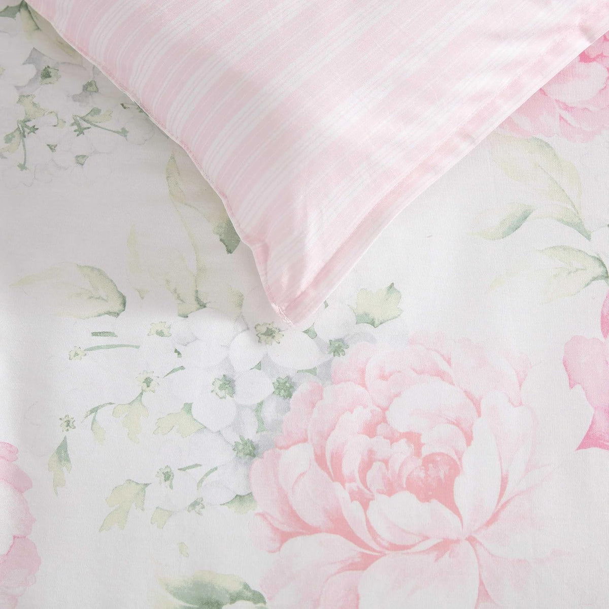 Laura Ashley - King Bonus Comforter Set, Reversible Bedding with a Naturally Soft Feel, 7 Piece Bed Set with Matching Pillowcases, Euro Shams, & Throw Pillow Covers (Serenity Roses/Mattie Stripe Pink)