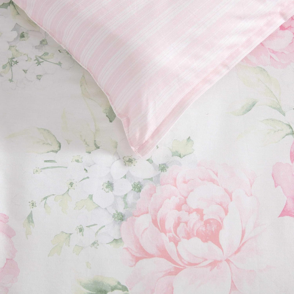 Laura Ashley - Twin Bonus Comforter Set, Reversible Bedding with a Naturally Soft Feel, 5 Piece Bed Set with Matching Pillowcases, Euro Shams, & Throw Pillow Covers (Serenity Roses/Mattie Stripe Pink)