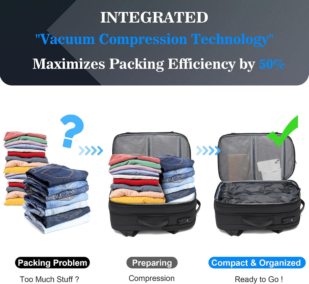 POSO Vacuum Backpack Travel – Expandable Compression Carry On Backpack with Vacuum Pump, Water-Resistant TSA Lock Travel Bag, 17' Laptop Backpack for Men Women, Business Airplane Flight Luggage