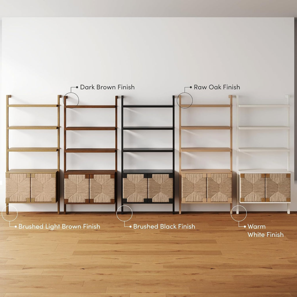 Nathan James Beacon 3-Shelf Bookcase with Seagrass Cabinet, Solid Wood Bookshelf with Storage with Solid Wood Frame, Seagrass/Raw Oak Set of 3