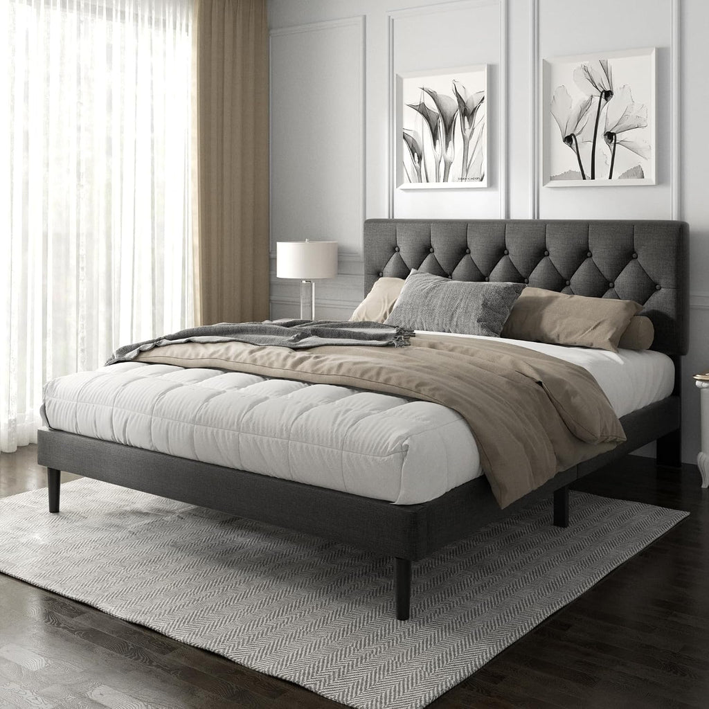 HAOARA King Size Platform Bed Frame with Upholstered Button Tufted Headboard, Mattress Foundation with Wooden Slat Support, Noise Free, No Box Spring Needed, Easy Assembly, Dark Grey