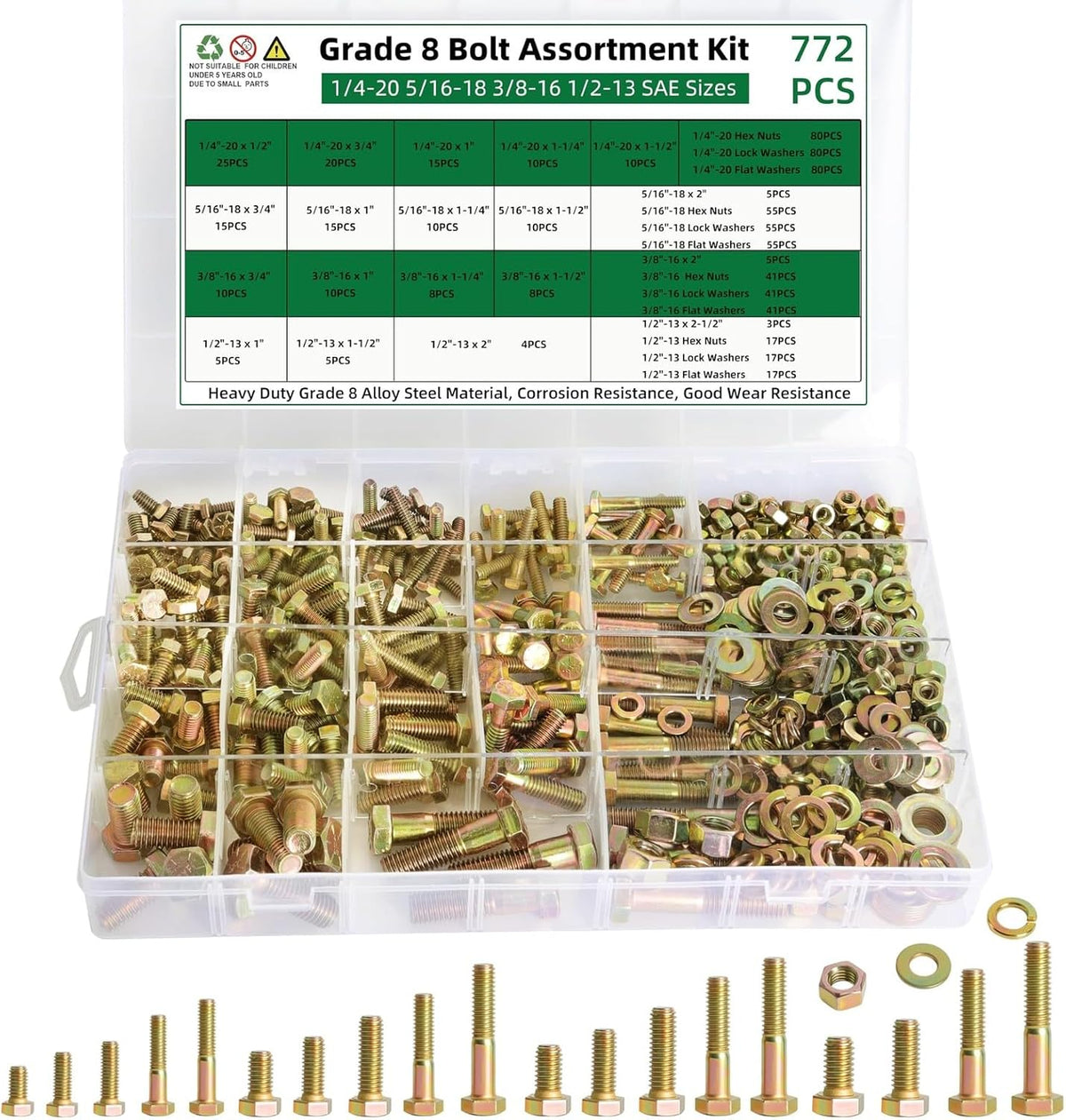 772 Pcs Grade 8 Bolt and Nuts Assortment Kit, Heavy Hex Screws Bolts Nut...