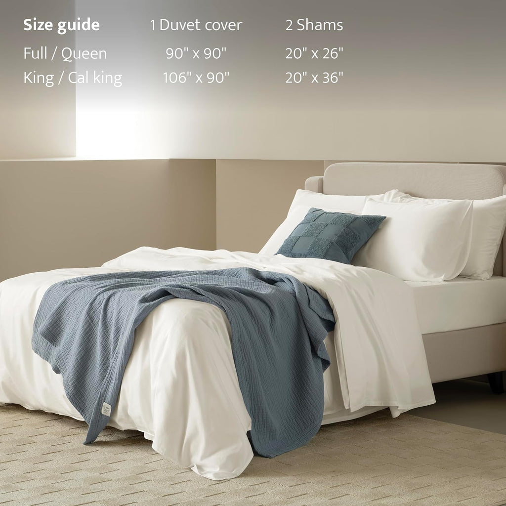 Double Stitch Cotton Tencel Duvet Cover - Queen Size Comforter Cover, Luxury & Soft Eucalyptus Lyocell Bedding Set for Hot Sleepers, Cooling, Smooth & Breathable, Button Closure, Cream, 90'x90'