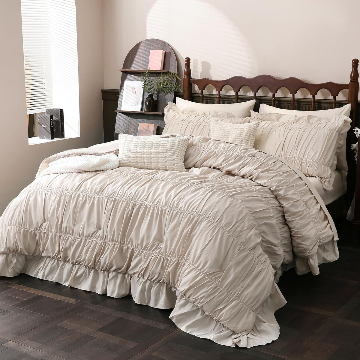 Herside Beige Comforter Set King Size,Ruched Boho Bedding 9-Piece Bed-in-a-Bag for All Seasons,Fluffy Farmhouse Ruffle Bedding Set with Comforter, Flat Sheet, Fitted Sheet, Pillow Shams, Pillowcases