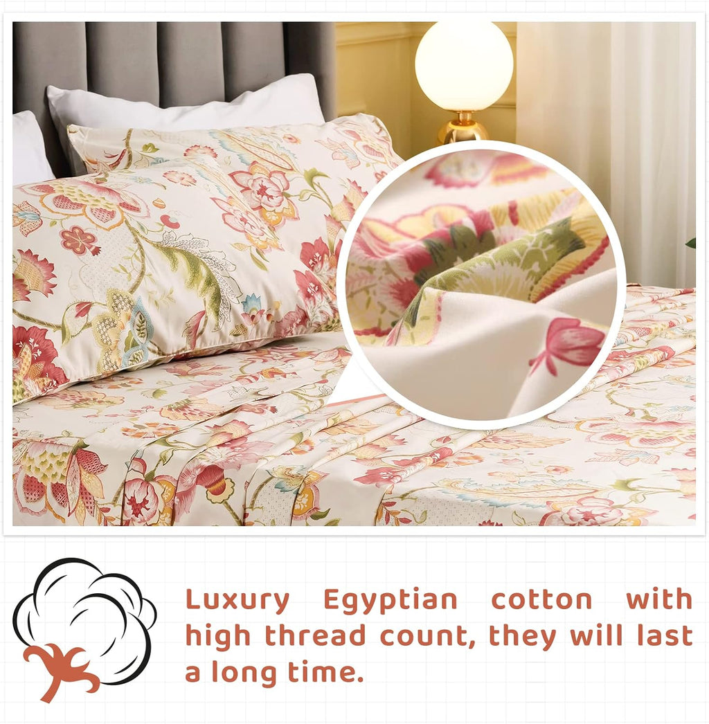 QSH 100% Egyptian Cotton Sheets Cal King Size, Red Yellow Flowers Leaves Pattern Botanical Printed Flower Bedding Sheets, 4pcs Deep Pocket Bed Sheet Set