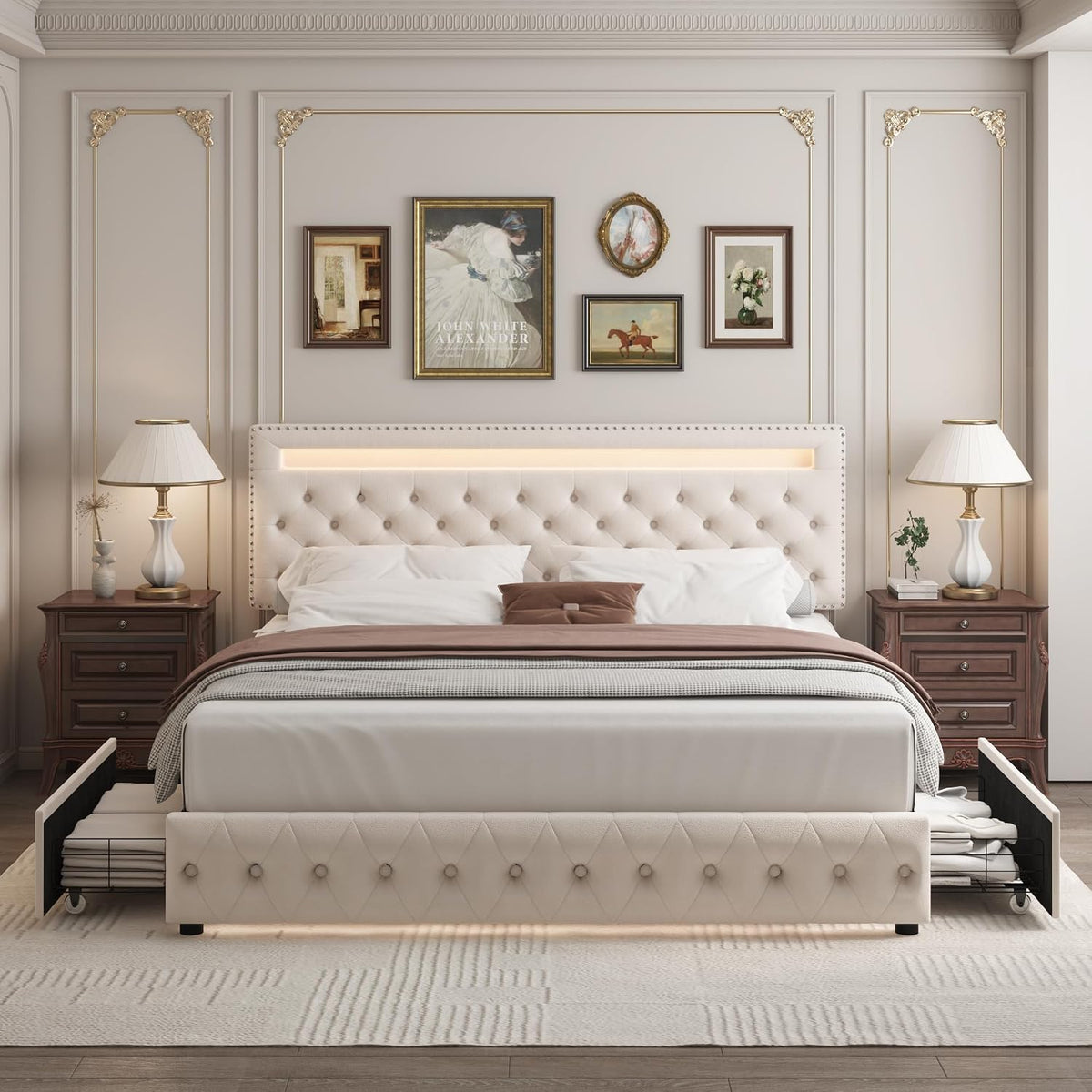 King LED Bed Frame with 4 Drawers, Platform Bed with Headboard, Adjustable Upholstered Diamond Headboard and Frame, No Box Spring Needed, Wooden Slats Support,Velvet Cream