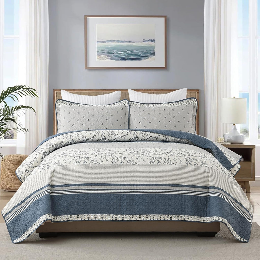 DDUOXIN 100% Cotton King Quilt - Modern Stripe Botanical Quilts with 2 Pillow Shams, Bedspread Reversible Lightweight Thin Comforter Bedding Set for All Seasons, Moonlight Blue/Gray/Off White