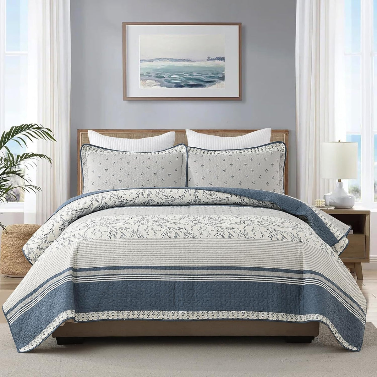 DDUOXIN 100% Cotton King Quilt - Modern Stripe Botanical Quilts with 2 Pillow Shams, Bedspread Reversible Lightweight Thin Comforter Bedding Set for All Seasons, Moonlight Blue/Gray/Off White
