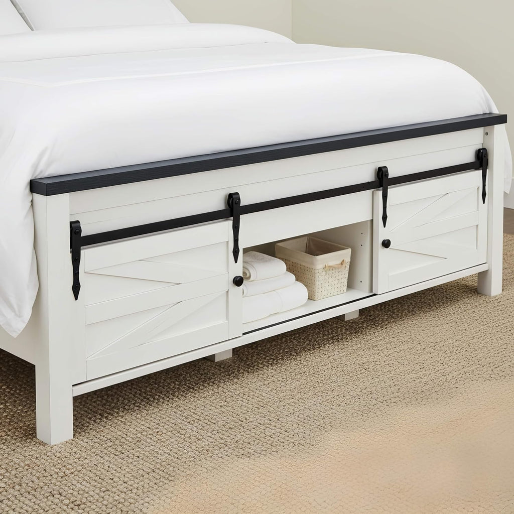 ACCOHOHO Farmhouse Queen Size Bed Frame with Barn Door Storage, Platform Bed Frame with Headboard, Rustic Bed, Solid Wood Slats Support/Noiseless/No Box Spring Needed (White)