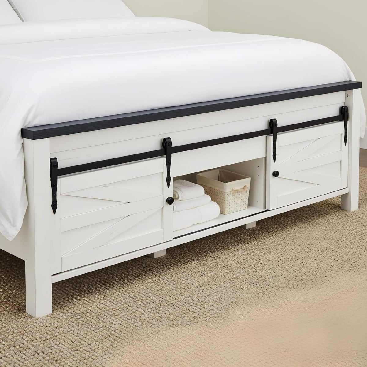 ACCOHOHO Farmhouse Queen Size Bed Frame with Barn Door Storage, Platform Bed Frame with Headboard, Rustic Bed, Solid Wood Slats Support/Noiseless/No Box Spring Needed (White)