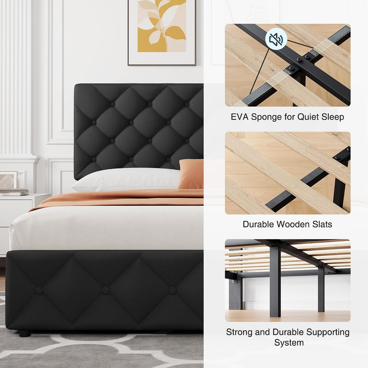 GarveeHome King Size Bed Frame with 4 Storage Drawers and Adjustable Headboard, Linen Upholstered Platform Beds, Diamond Stitched Button Tufted, No Box Spring Needed, Black