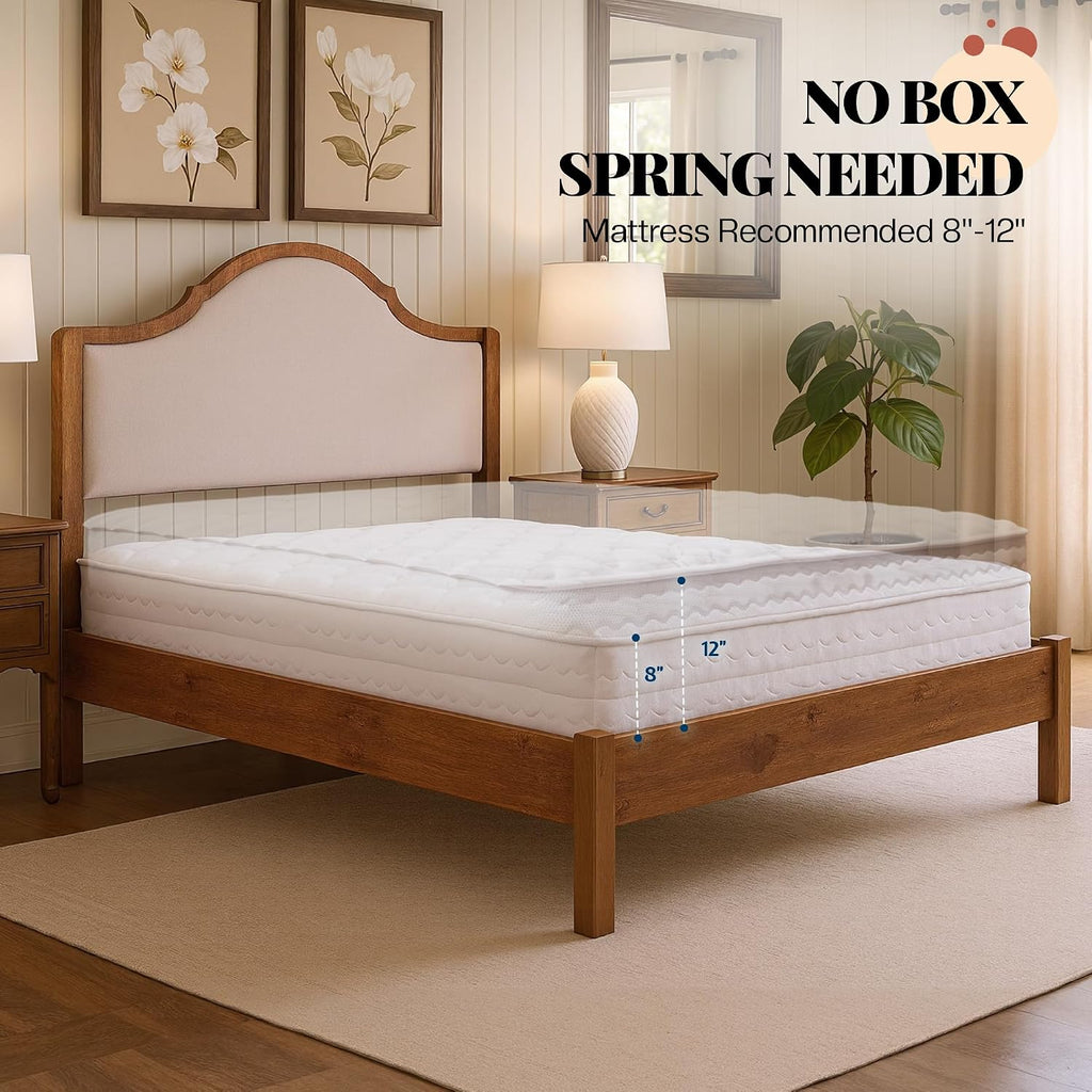 Jocisland Wood Queen Size Bed Frame with Tall Upholstered Curved Headboard, Solid Wood Platform, No Box Spring Needed, Wood Slat Support, Walnut
