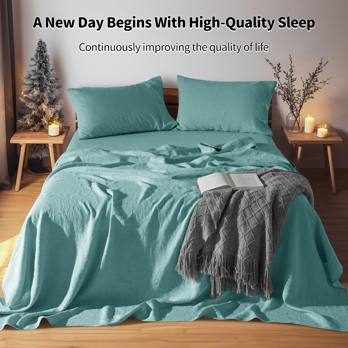 LBRO2M 100% Pure Linen Sheet Set Deep Pocket Up to 16' Bed Sheets Sets, Natural Flax Beddings Soft, Breathable, Comfortable for All Seasons Twin XL Size, Aqua
