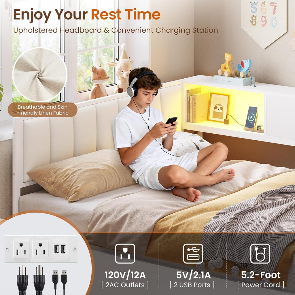 DICTAC Corner Full Bed Frame with Hydraulic Storage,Charging Station & Led Lights Corner Lift up Bed with Storage Drawers & Upholstered Headboard & Bookcase,Full Size Daybed for Teen/Adult,White