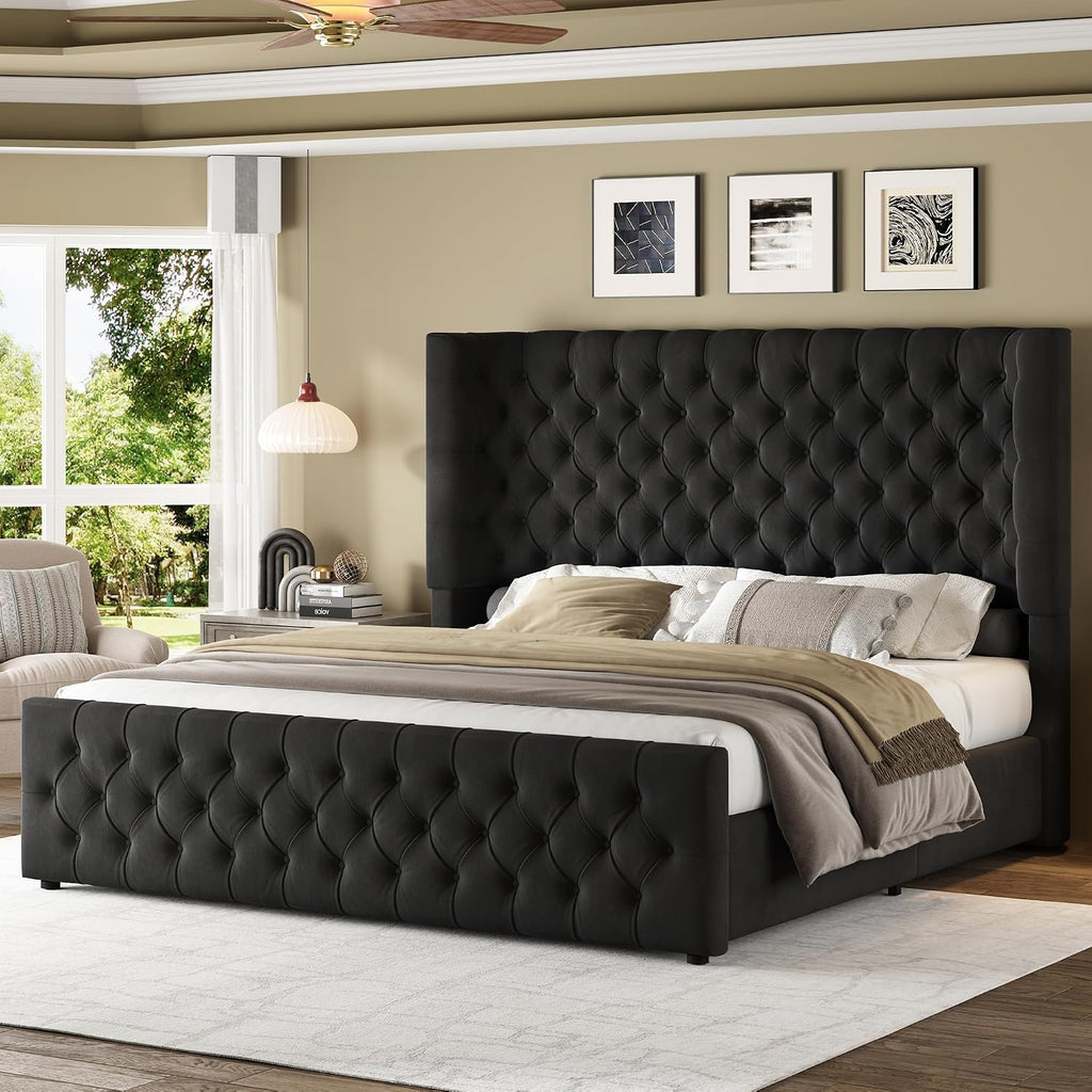 Jocisland King Size Platform Bed Frame, 6.3' Thick Upholstered Curved Wingback Deep Button Tufted Headboard and Footboard, No Box Spring Needed, Easy Assembly, Black Velvet