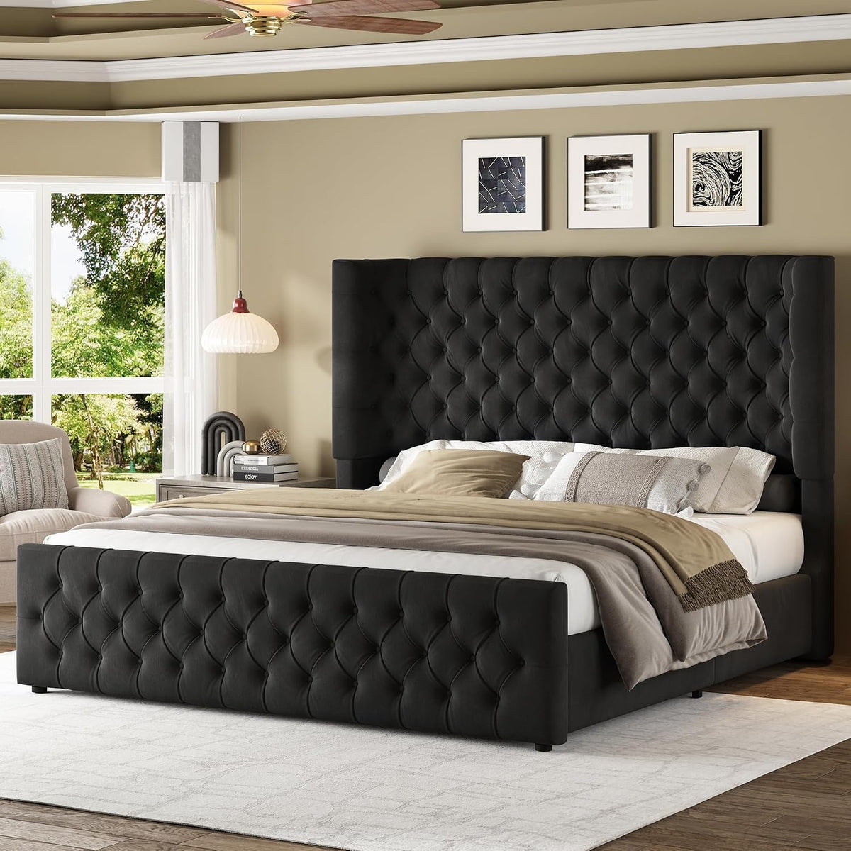 Jocisland King Size Platform Bed Frame, 6.3' Thick Upholstered Curved Wingback Deep Button Tufted Headboard and Footboard, No Box Spring Needed, Easy Assembly, Black Velvet
