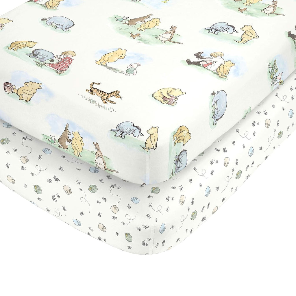 Disney Winnie The Pooh Classic Pooh Ivory, Blue, Sage, Tan Storybook 6 Piece Nursery Crib Bedding Set - Comforter, 2 Fitted Crib Sheets, Dust Ruffle, Baby Blanket, Changing Pad Cover