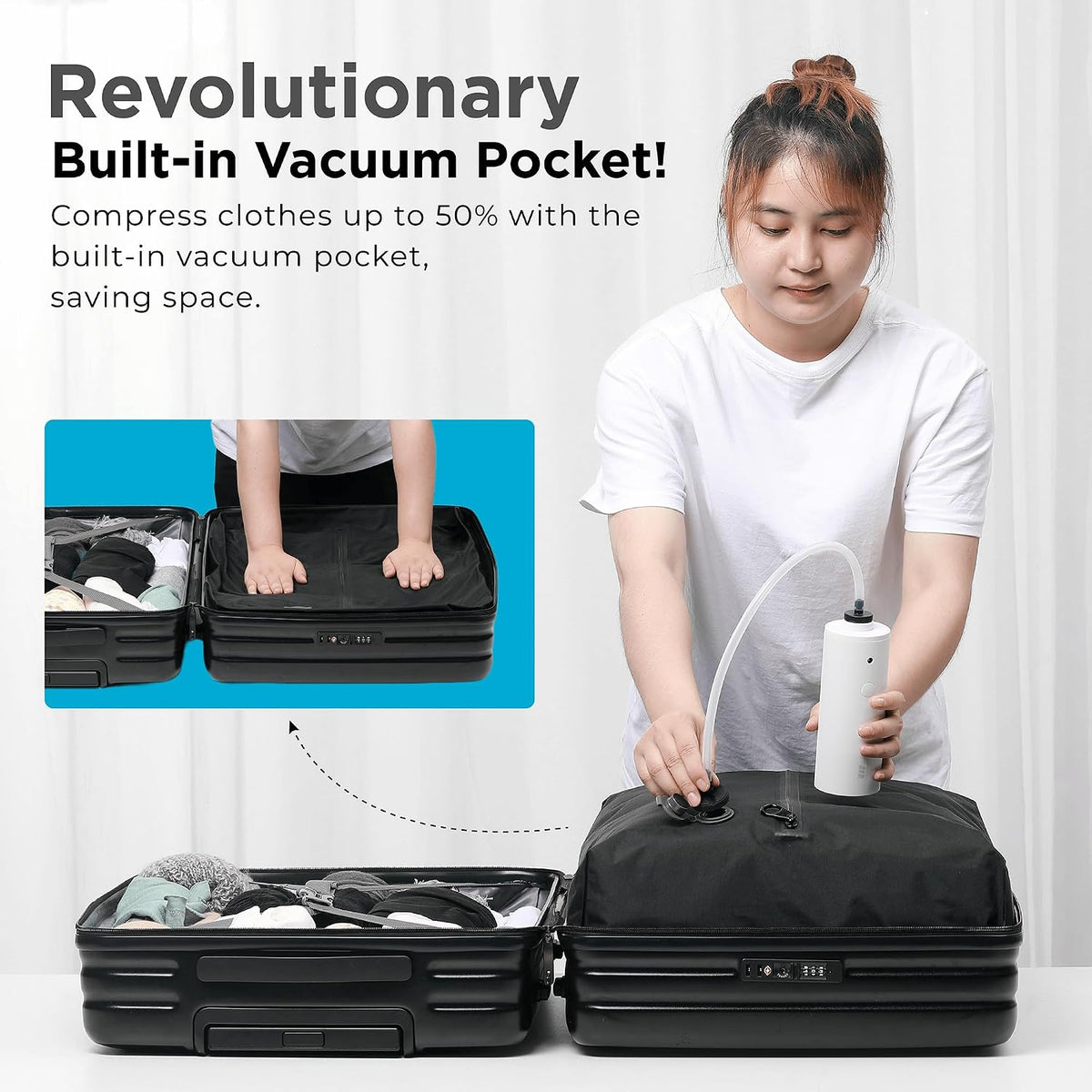 Carry On Luggage Expandable With Vacuum Compression And Pump, Airline Approved Luggage, Bag with Anti Theft Lock, Water Resistant, Carry-on Suitcase Suitable for Men and Women