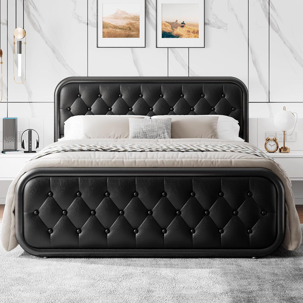 Einhomn Full Size Metal Bed Frame with Button Tufted Leather Upholstered Headboard and Footboard, U-Shape Support Foundation, No Box Spring Required, Black
