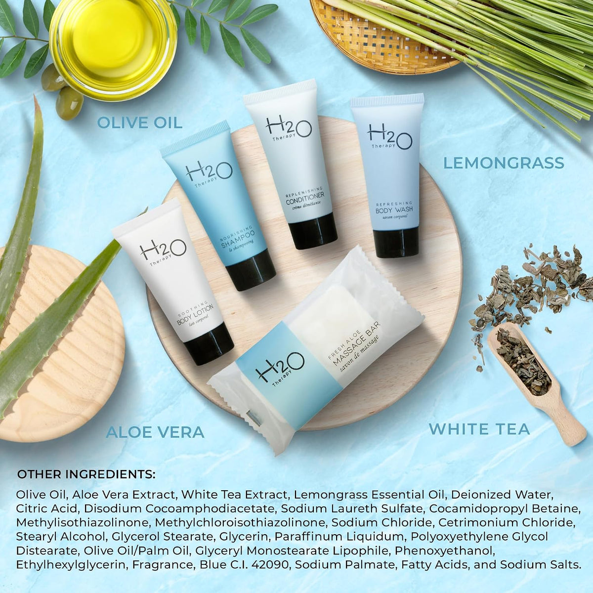 H2O Therapy Hotel Soaps & Toiletries Bulk Set | 1-Shoppe Amenities Kit | 0.85oz Shampoo & Conditioner, Body Wash, Lotion, 1oz Bar Soap | Travel Size | 150 Pieces | Bulk Set