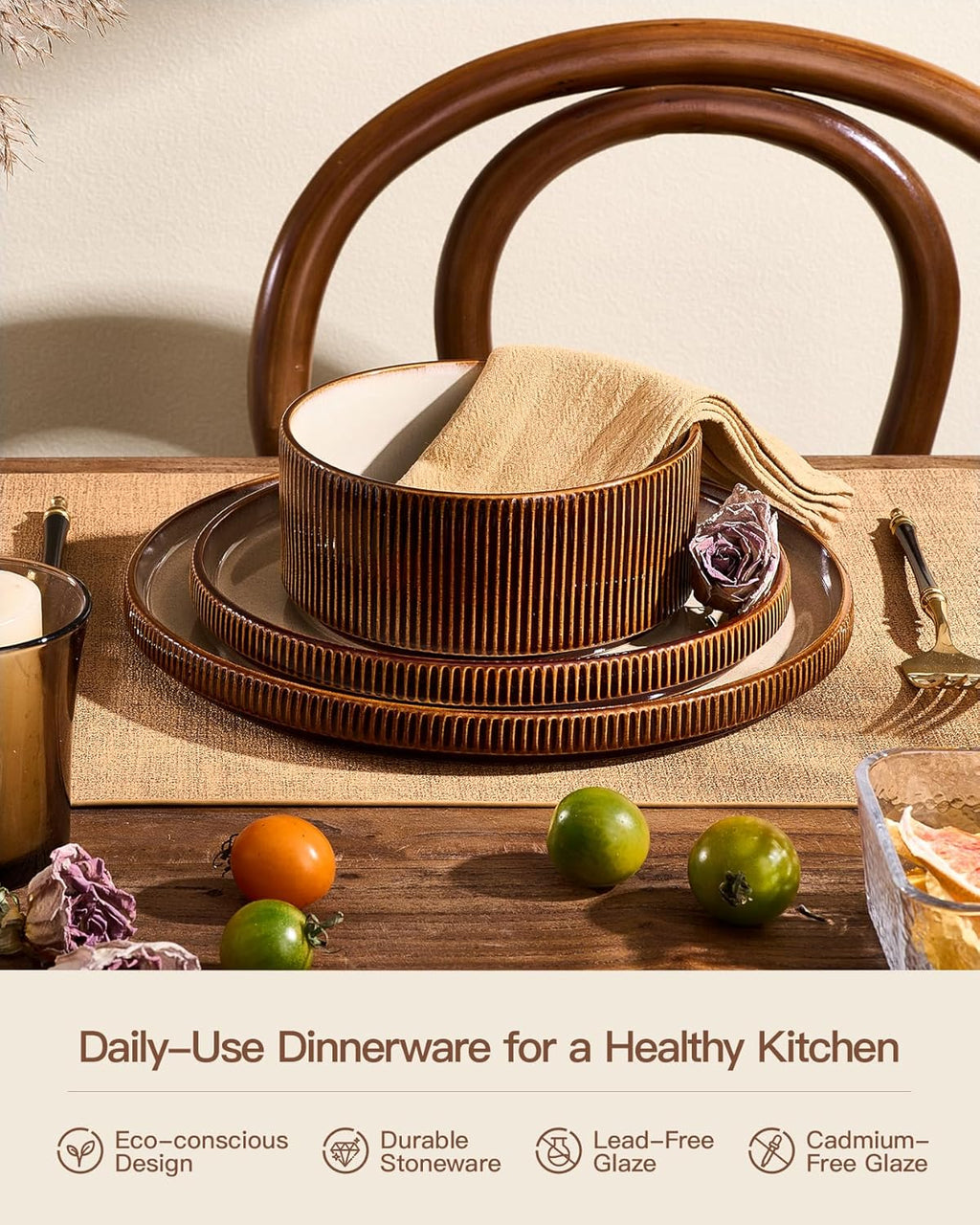 Stoneware Plates and Bowls Dishes Sets Service for 6 (18-Piece), Famiware Premium Handcrafted Reactive Glaze Dinnerware Set with Raised Rim, Scratch Resistant, Microwave Dishwasher Safe, Cream Cocoa