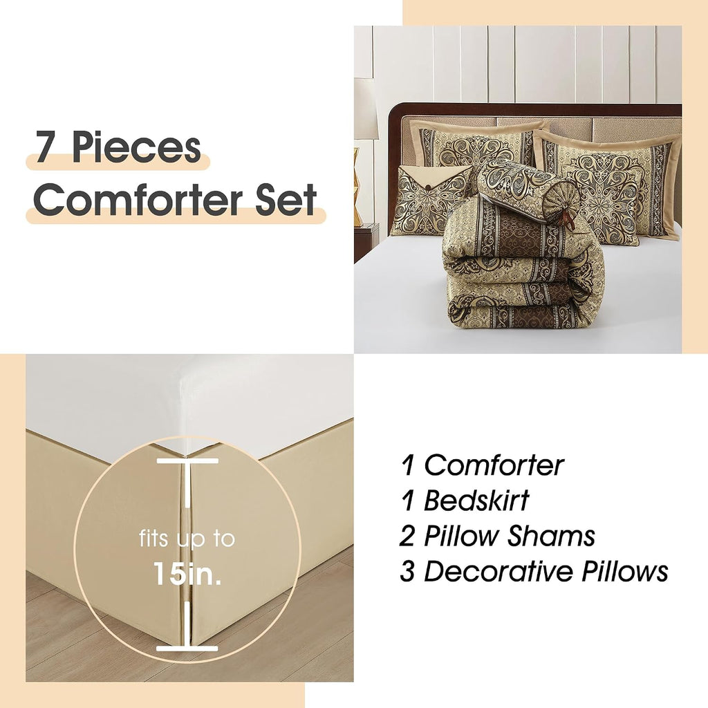 LANCO MODERN LIFESTYLE King Size Comforter Set, Brown Medallion Jacquard Design, Luxurious Bohemian 7 Pieces Bedding Set with Decorative Pillows and Bed Skirt