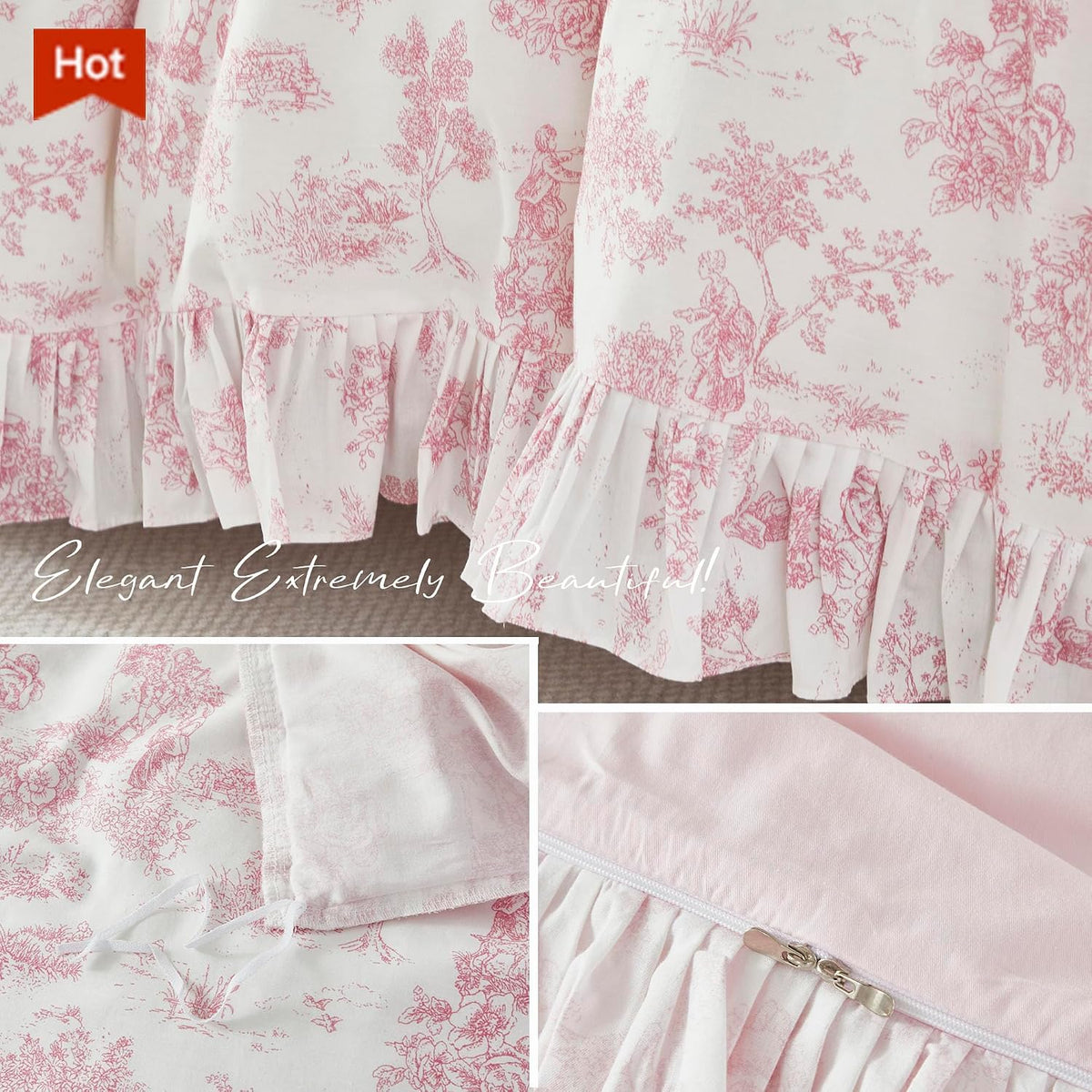 Brandream French Country Toile Queen Duvet Cover Set for Girl Women Bedroom Vintage Pink Toile Floral Print 100% Cotton Duvet Quilt Comforter Cover Pillow Shams Set with Delicate Ruffle Fringe