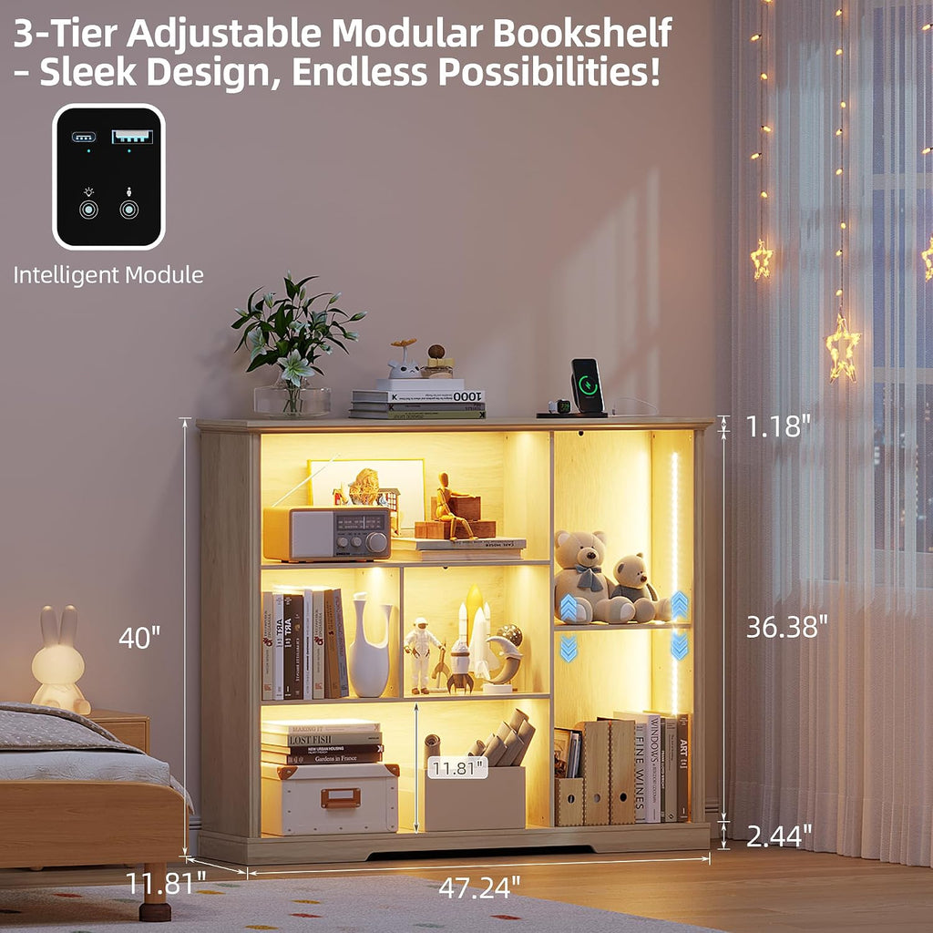 3-Tier LED Bookshelf with Lights - Motion Sensor Bookcase - USB Charging Module - Adjustable Display Shelf for Bedroom Living Room Apartment Home Office - 47.24 W x 40 H - Natural Wood