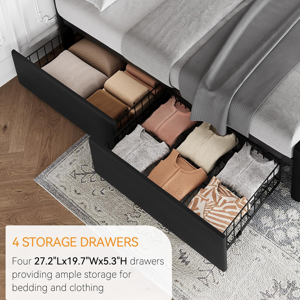 GarveeHome King Size Bed Frame with 4 Storage Drawers and Faux Leather Upholstered Headboard, Wooden Slats Support, Button Tufted Design, No Box Spring Needed, Black