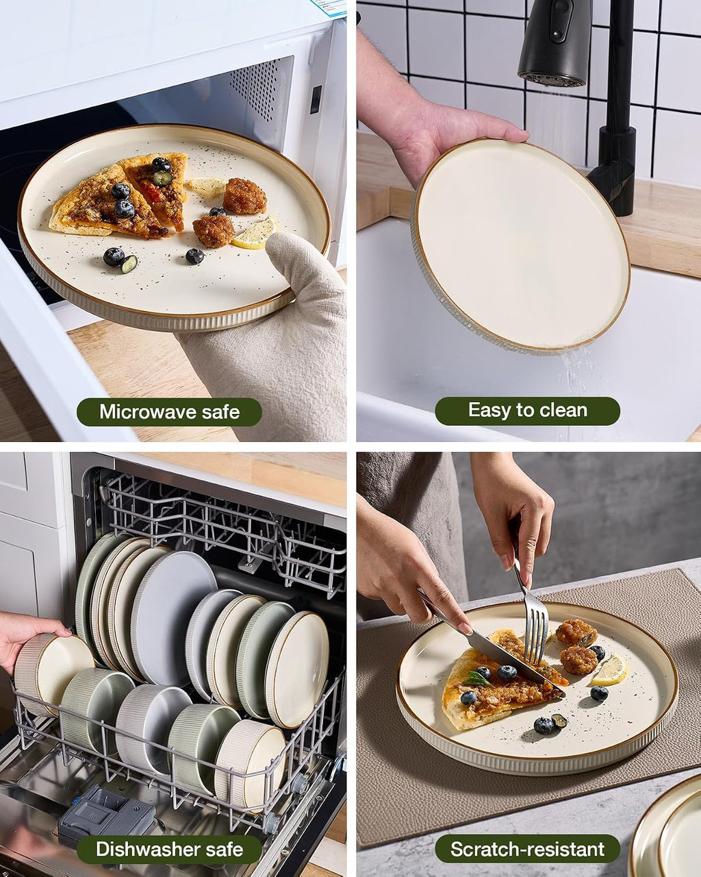 Famiware Star 24-Piece Stoneware Dinnerware Sets with Trim, Service for 6 - Ceramic Mugs, Plates, Bowls, Dishes for Everyday/Party/Formal Use, Chip/Scratch Resistant, Microwave/Dishwasher Safe, Cream