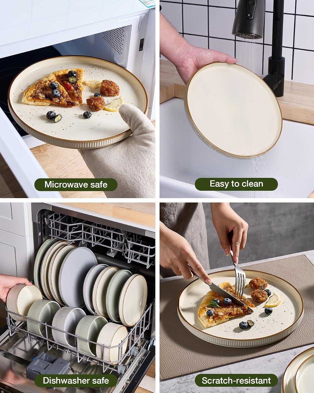 Famiware Star 24-Piece Stoneware Dinnerware Sets with Trim, Service for 6 - Ceramic Mugs, Plates, Bowls, Dishes for Everyday/Party/Formal Use, Chip/Scratch Resistant, Microwave/Dishwasher Safe, Cream